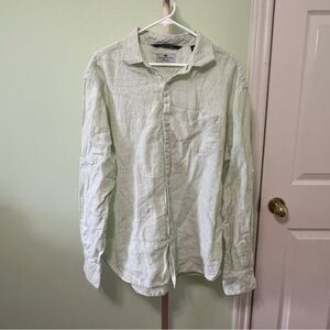 Canterbury of New Zealand Men’s Linen Button Down Shirt White/Green Striped XL